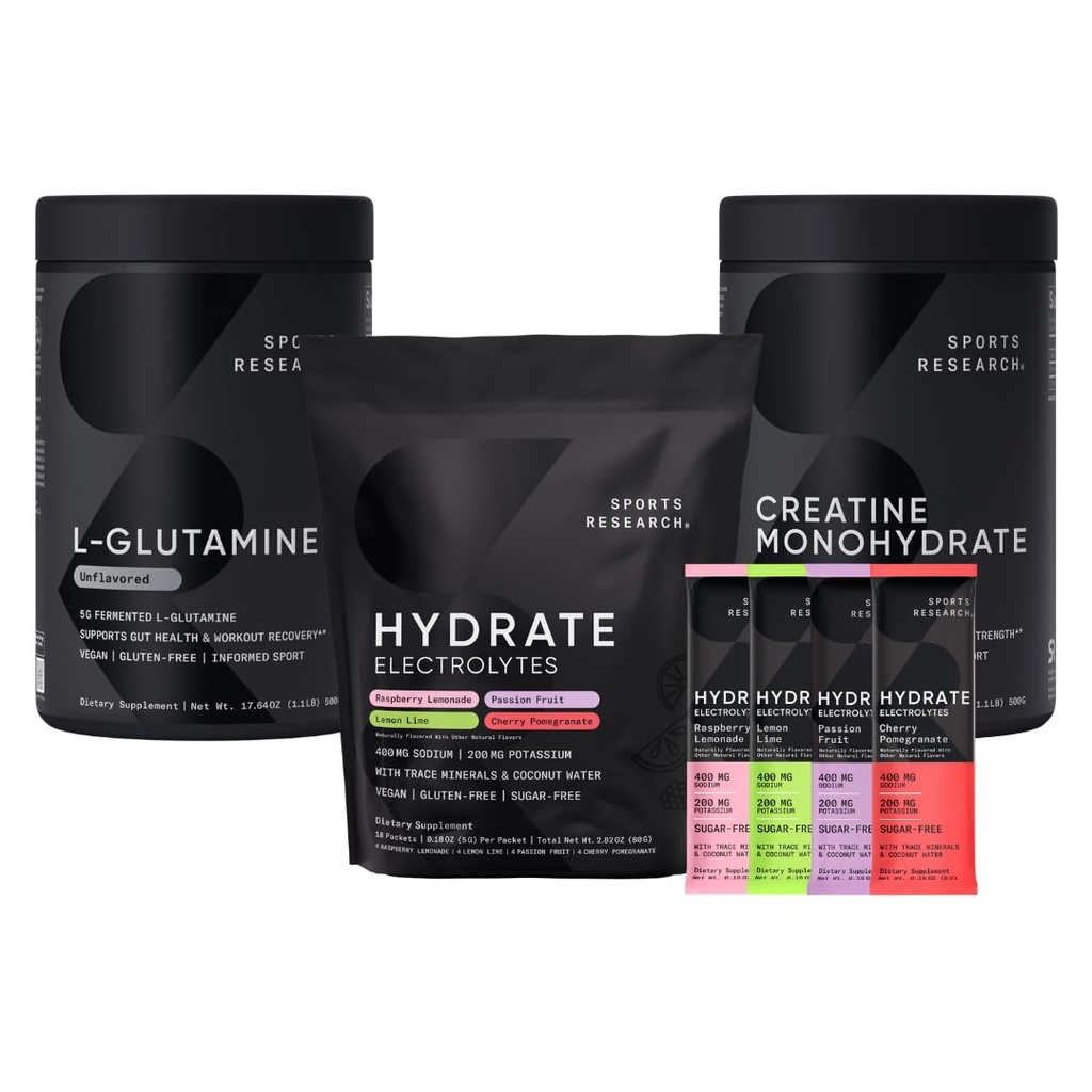 Sportforschung L-Glutamin (1.1 lbs), Sugar-Free Natural Flavored Hydrate Elektrolyte 16x Variety Packets und Creatine Monohydrate (1.1 lbs)