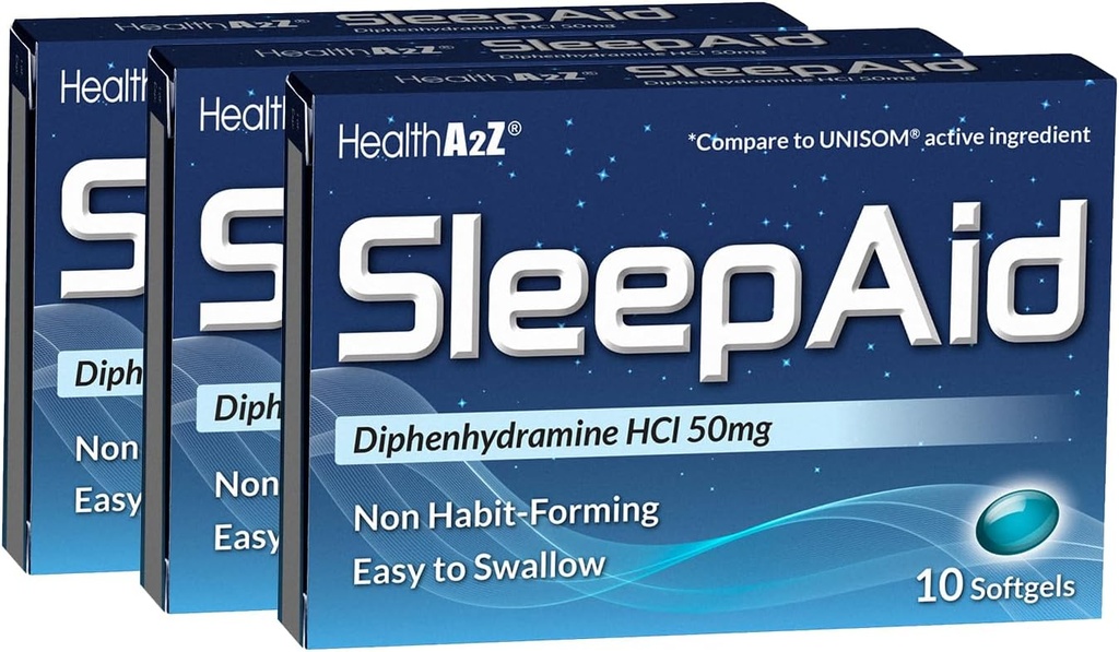 HealthA2Z® Schlafhilfe | Diphenhydramine HCL 50mg | Softgels | Unterstützt tieferes restliches Schlafen | 10 Zähler (Pack von 3)