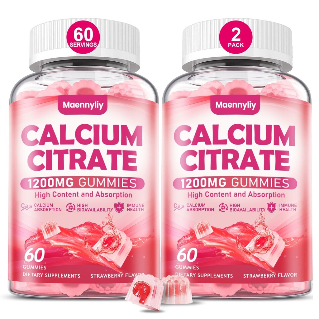 Calcium Citrate Gummies 1200 mg für Erwachsene: Ultimative Absorption Kalzium-Ergänzung für Damen und Herren - Einfach zu digest, Vegan, Non-GMO, Glutenfrei - Natürliche Erdbeer-Flamour