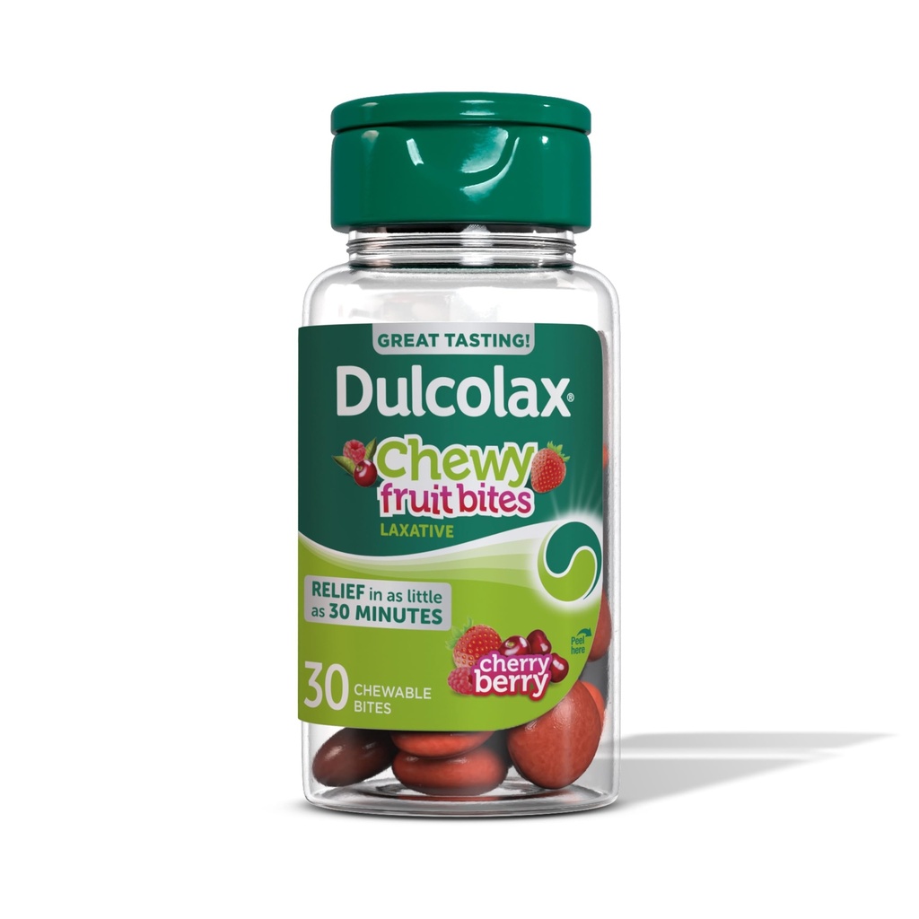 Dulcolax Saline Laxative Chewy Fruit Bites, Laxatif à action rapide et soulagement de la constipation douce, Saveur de cerises, hydroxyde de magnésium 600 mg, 30 Nombre