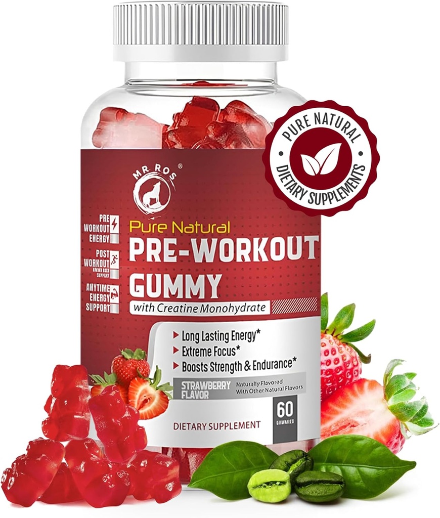 Reine natürliche Vor-Workout-Gummien mit Kreatin-Monohydrat & Grüne Kaffeebohnen-Extrakt - Energie, Fokus, Endurance Boost, Erdbeer-Flamvor, 60 Gummie