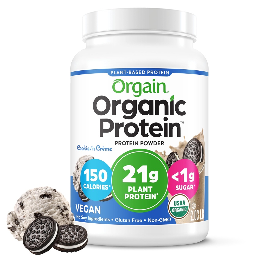 Orgain Organic Vegan Protein Powder, Cookies & Cream - 21g Pflanzenbasiertes Protein, 7g Prebiotic Fiber, Low Net Carb, No Lactose Ingredients, No Added Sugar, Non-GMO, Für Shakes & Smoothies, 2.03 lb
