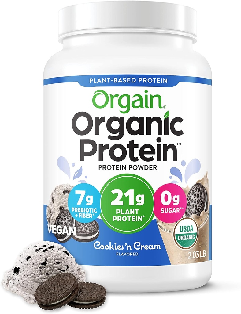 Orgain Organic Vegan Protein Powder, Cookies & Cream - 21g Pflanzenbasiertes Protein, 7g Prebiotic Fiber, Low Net Carb, No Lactose Ingredients, No Added Sugar, Non-GMO, Für Shakes & Smoothies, 2.03 lb