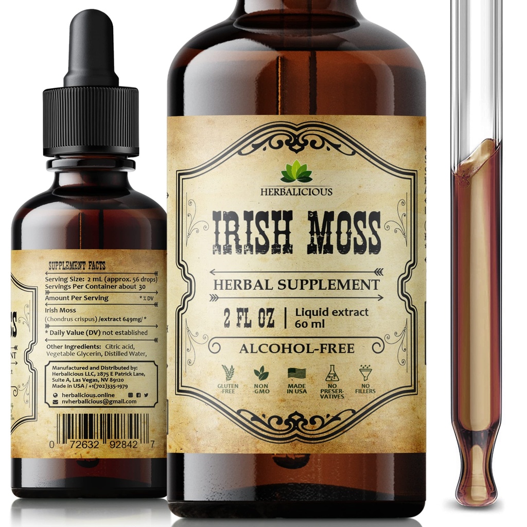 Irish Sea Moss Raw Organic Drops – Natural Irish Sea Moss Extract for Thyroid Support, Digestion & Energy – Flüssige Nahrungsergänzung – Vegan, Non-GMO – 2oz Flaschen