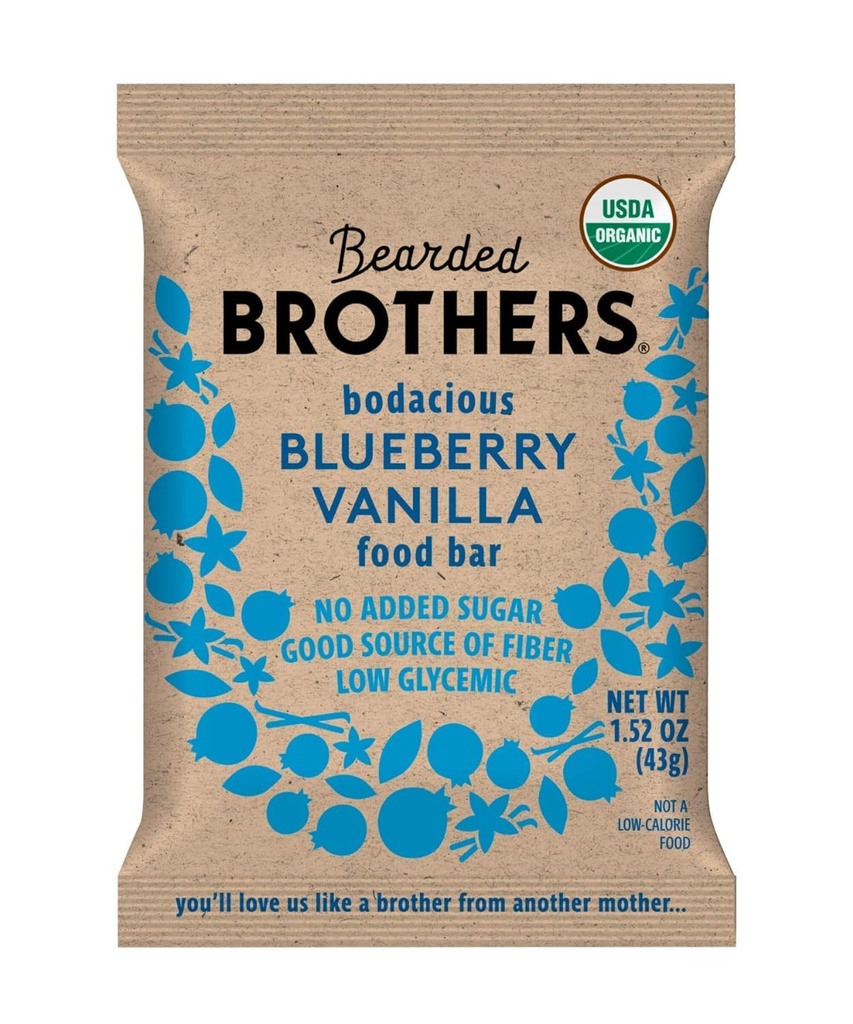 Bearded Brothers, Organic Vegan Protein Energy Bars, Blueberry Vanilla (12 Pack) - Glutenfrei, Paleo, Fiber, Whole 30 | Non GMO Low Glycemic Snacks