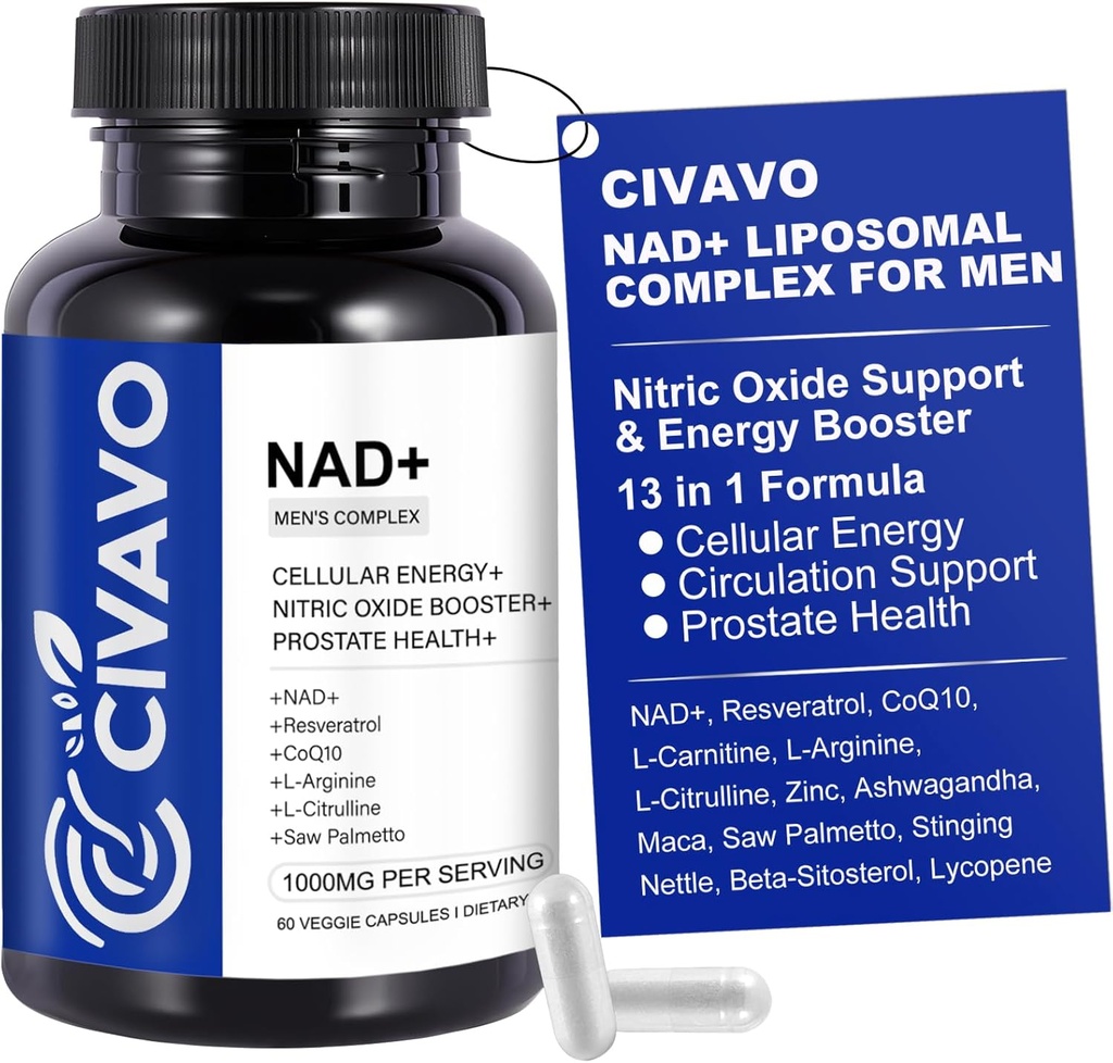 NAD+ Ergänzung für Männer 1000mg, NAD+ mit Resveratrol, CoQ10, L-Citrulline & Maca Root – Cellular Energy, Healthy Aging Support, Antioxidant, Nitric Oxid Prostate Health für Männer – 60 Kapseln
