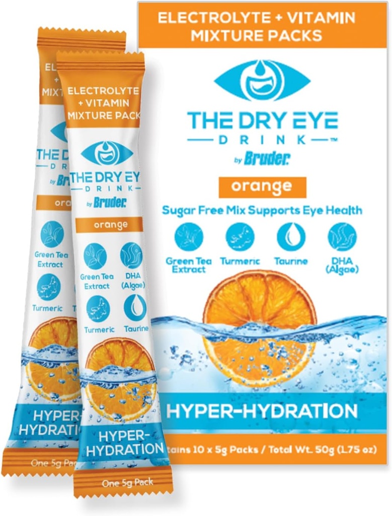 l Ultimate Hydration for Dry Eyes l Sugar-Free Electrolyte Powder Packets l Blended with Vitamins, Green Tea, Turmeric, Taurine und DHA l 5g x 10 Packets (Orange)