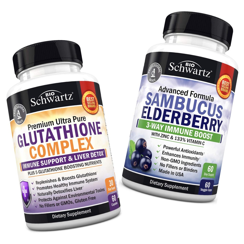Complexe de glutathion avec extrait de chardon de lait, vitamine C et Quercetin + capsules de mûrier de Sambucus avec zinc et vitamine C - Formules naturelles d'antioxydants - favorise le soutien du foie et immunitaire