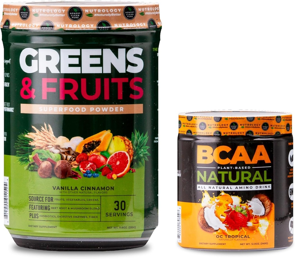 Nutrology Greens & Fruits Powder-Naturally Sourced Superfood, Vanille Cinnamon (30 Servierungen) BCAA Natural, Pflanzenbasierende BCAA Pulver, Orange Kokosnuss Flavor (30 Servierungen)
