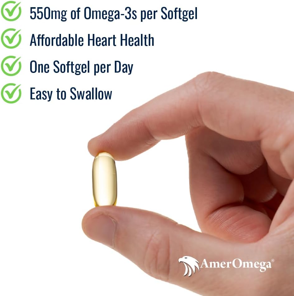 AmerOmega Triglycéride Omega-3 Huile de poisson pour la santé cardiaque - Wild-Caught Alaskan Walleye Pollock - American-Sourced, American-Made - Non-OGM, sans gluten et sans lait - 60 Softgels