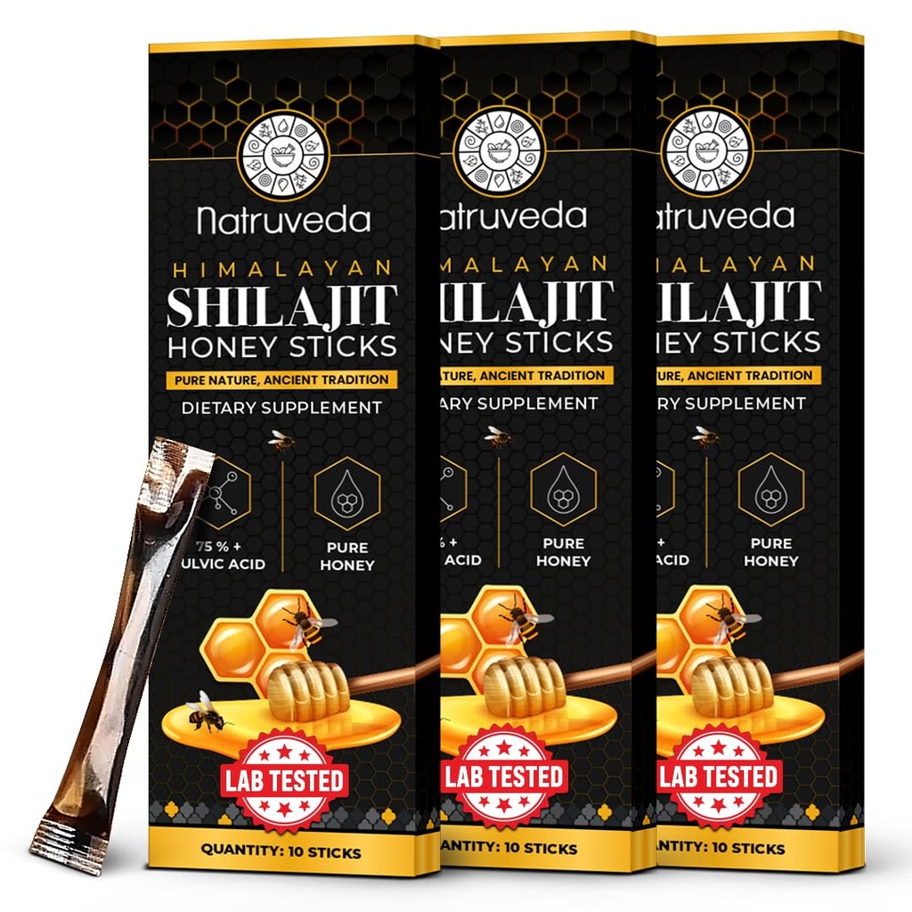 Himalayan Shilajit Honey Sticks pour les hommes et les femmes - 75%+ Acid Fulvic & Trace Minerals - Miel brut, Safran et Himalayan Shilajit Resin - Stimina, Performance & Energy Support - (Pack de 30)