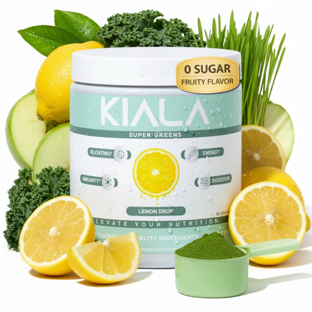 Kiala Nutrition Super Verts, Verts organiques Poudre avec Spiruline et Chlorella pour la digestion, Santé Gut, Immunité, Énergie, Sans gluten, Vegan, Sans sucre, Spectra Blend, goutte de citron, 30 portions