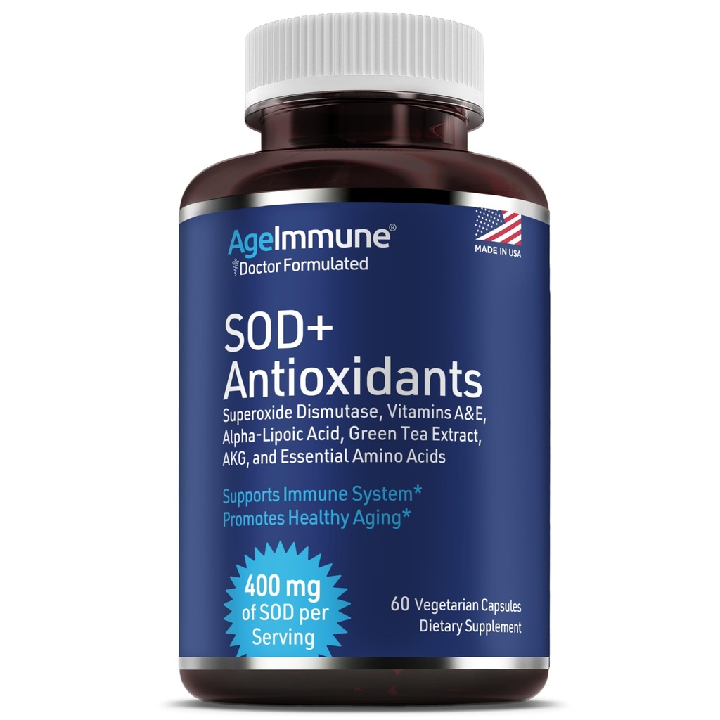 SOD Antioxidantien Complex Healthy Aging Supplement - 400 mg Superoxid Dismutase - Alpha Lipoic Acid - L-Arginin - Lysine - AKG - Vitamin A - Vitamin E für Immununterstützung-60 Kapseln