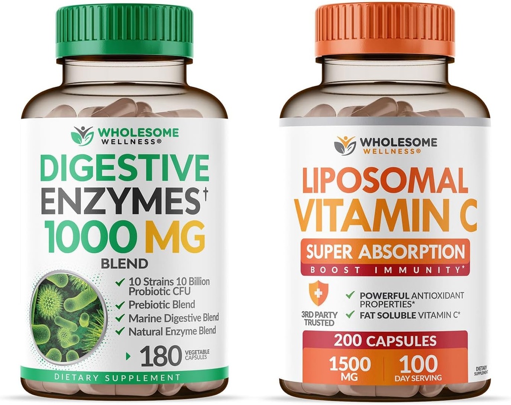 Vollständige Wellness Verdauungsenzyme 1000MG Plus Präbiotika & Probiotika + Liposomale Vitamin C Kapseln (200 Tabletten 1500mg Gepuffert) Bundle