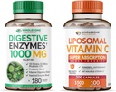 Vollständige Wellness Verdauungsenzyme 1000MG Plus Präbiotika & Probiotika + Liposomale Vitamin C Kapseln (200 Tabletten 1500mg Gepuffert) Bundle