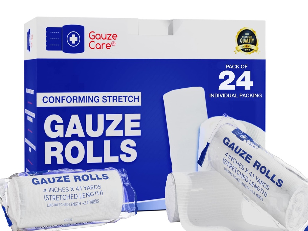 Gauze Rolls Pack von 24 – Premium-Qualität Lint und Latex-Free 4 Zoll x 4.1 Yards Conforming Stretch Bandages Designed for Effective Wound Care & Comfort - Ideal für den Einsatz als Mummy Wrap