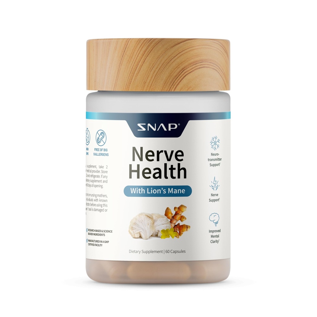 Suppléments Snap Nerve Health Support avec Lion, Turmeric biologique & Herbes – soutient la clarté mentale, la mémoire, la focalisation et la fonction nerveuse – 60 capsules