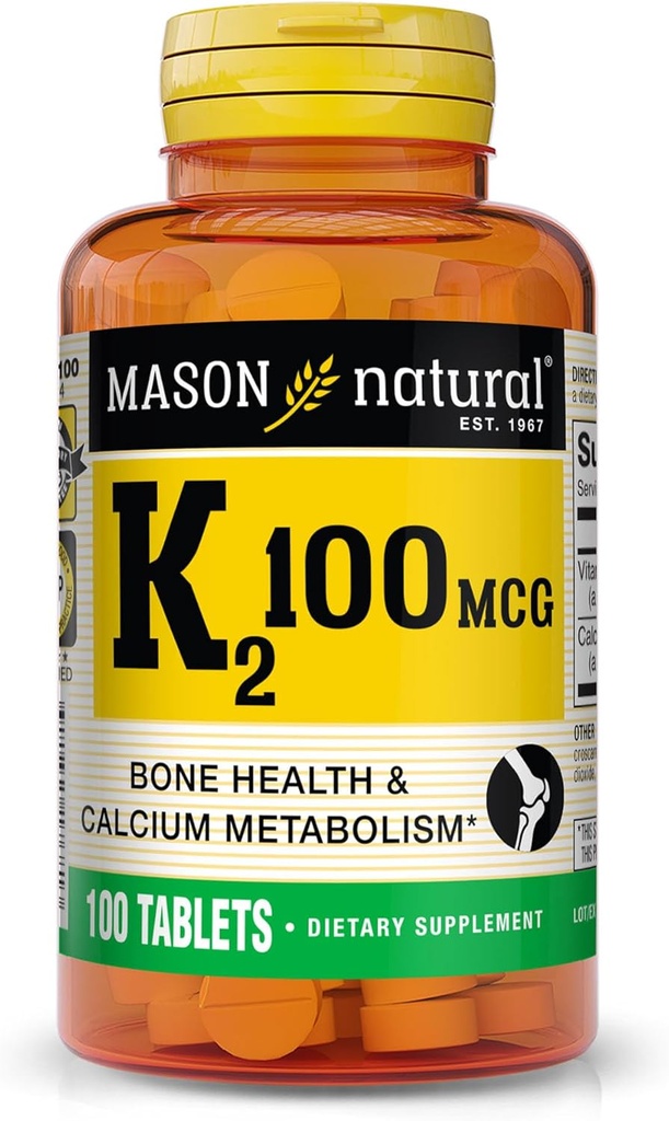 MASON NATURAL Vitamin K2 100 mcg mit Kalzium, unterstützt Knochen, Herz & Muskel Gesundheit, 100 Tabletten