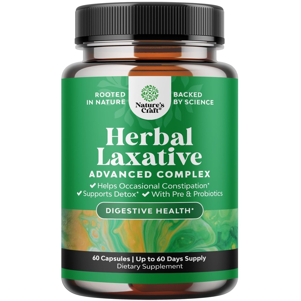 Kräuter Laxative Kapseln mit Probiotika – Natürliche Laxative für die Verstopfung mit Senna Leaf, Psyllium, Aloe Vera – Colon Cleanse für Frauen & Männer - Detox für Gut Health & Weight Management – 60 Ct