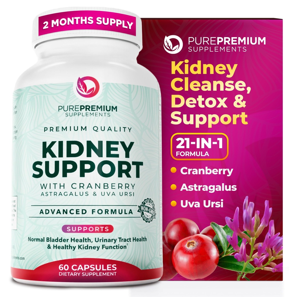 PurePremium Kidney Support Supplement – Kidney Cleanse Detox & Repair mit Cranberry Extract & Astragalus - 21-in-1 Complex unterstützt normale Blase, Urinary Tract & Kidneys Gesundheit - 60 Tage Versorgung