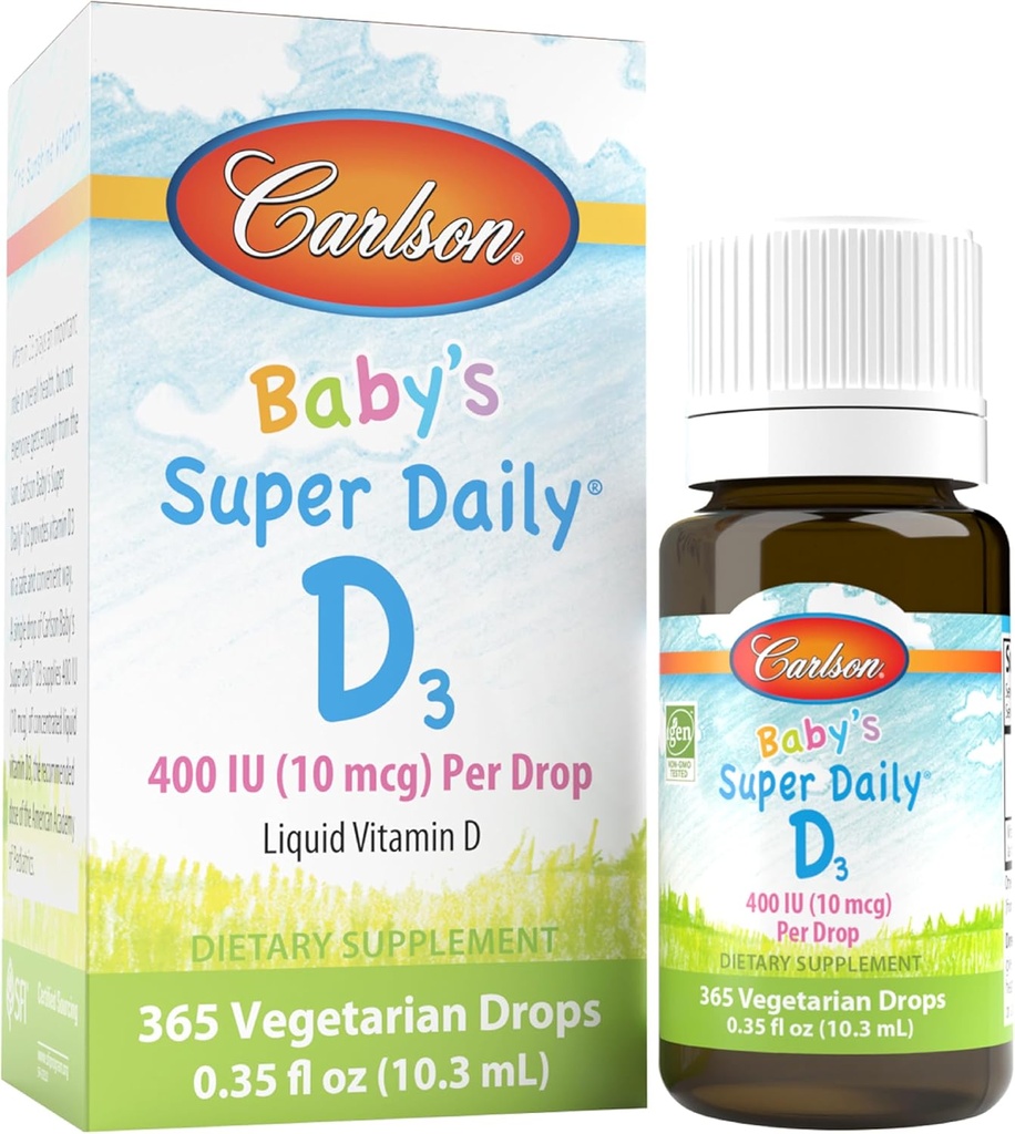 Carlson - Baby's Super Daily D3, Baby Vitamin D Drops, 400 IU (10 mcg) pro Tropfen, 1-Jahres-Versorgung, Vegetarisch, Flüssiges Vitamin D für Infants und Kleinkinder, Unflavored, 365 Tropfen