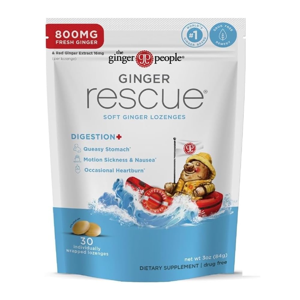 Die Ginger People Ginger Rescue Digestive Wellness Lozenges (Soft) | Extra Strength - 800mg | Nausea, Upset Stomach, Motion Sickness, Mild Heartburn, Indigestion, 30 Count (Pack 1)