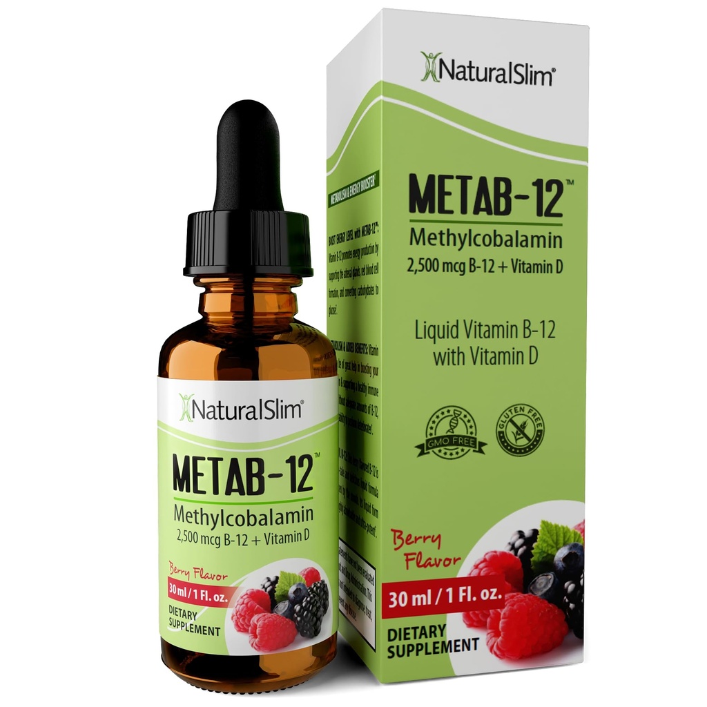 NaturalSlim Liquid B12 Vitamine mit Vitamin D - Metab-12 Methylcobalamin 2500 mcg B12 Sublingual Drops für Stoffwechsel, Energie und Immununterstützung - Berry Flavor 1 fl oz