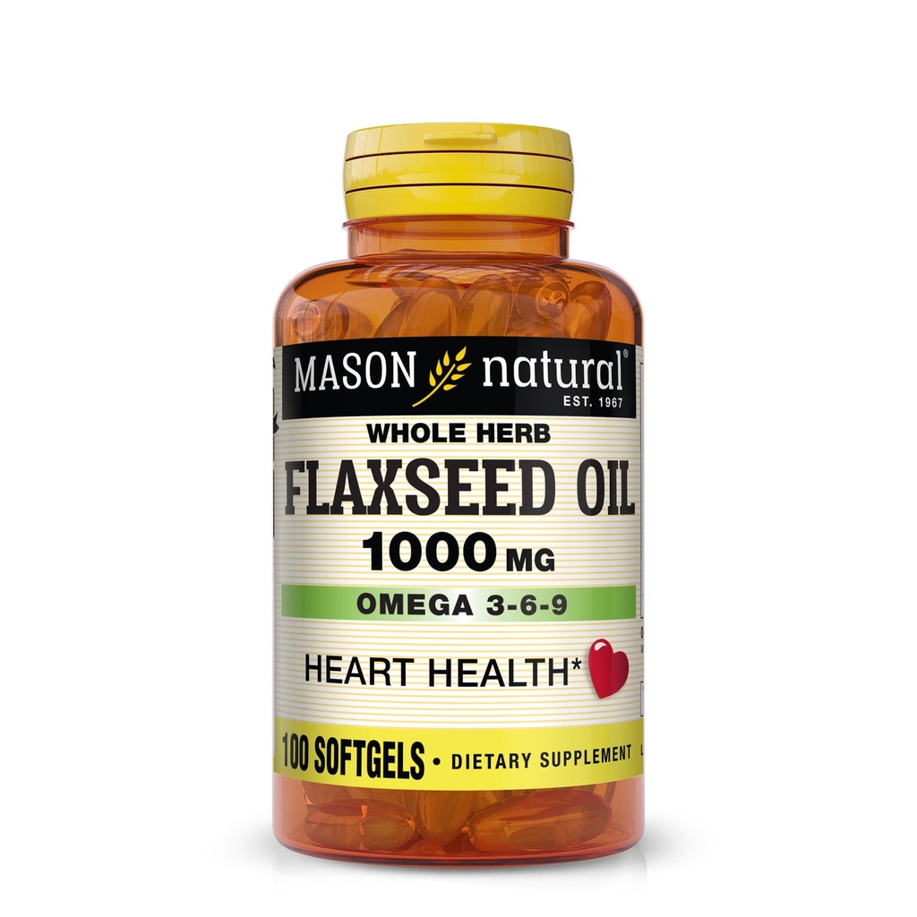 MASON NATURAL Huile de lin 1000mg – Omega 3-6-9 Softgels pour la santé cardiaque – Supplément entier d'herbe pressé à froid – Sans gluten, sans OGM, 100 Softgels