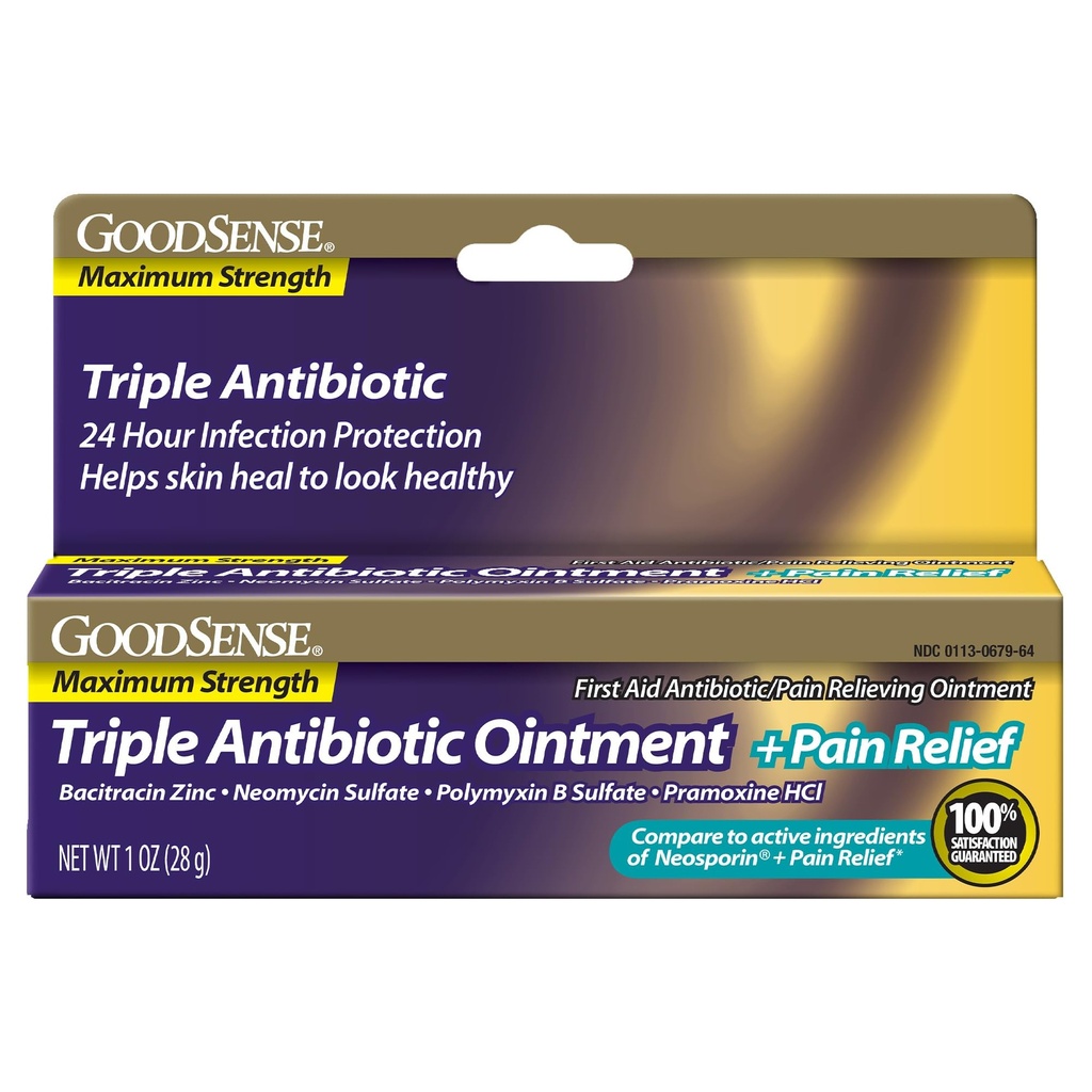 GoodSense Maximum Strength Triple Antibiotic Ointment plus Schmerzlinderung - lindert schmerzhafte Schnitte, Schrapes und Burns, verhindert Infektion, Erste Hilfe Antibiotika, Externe Analgetika, 1 Unze