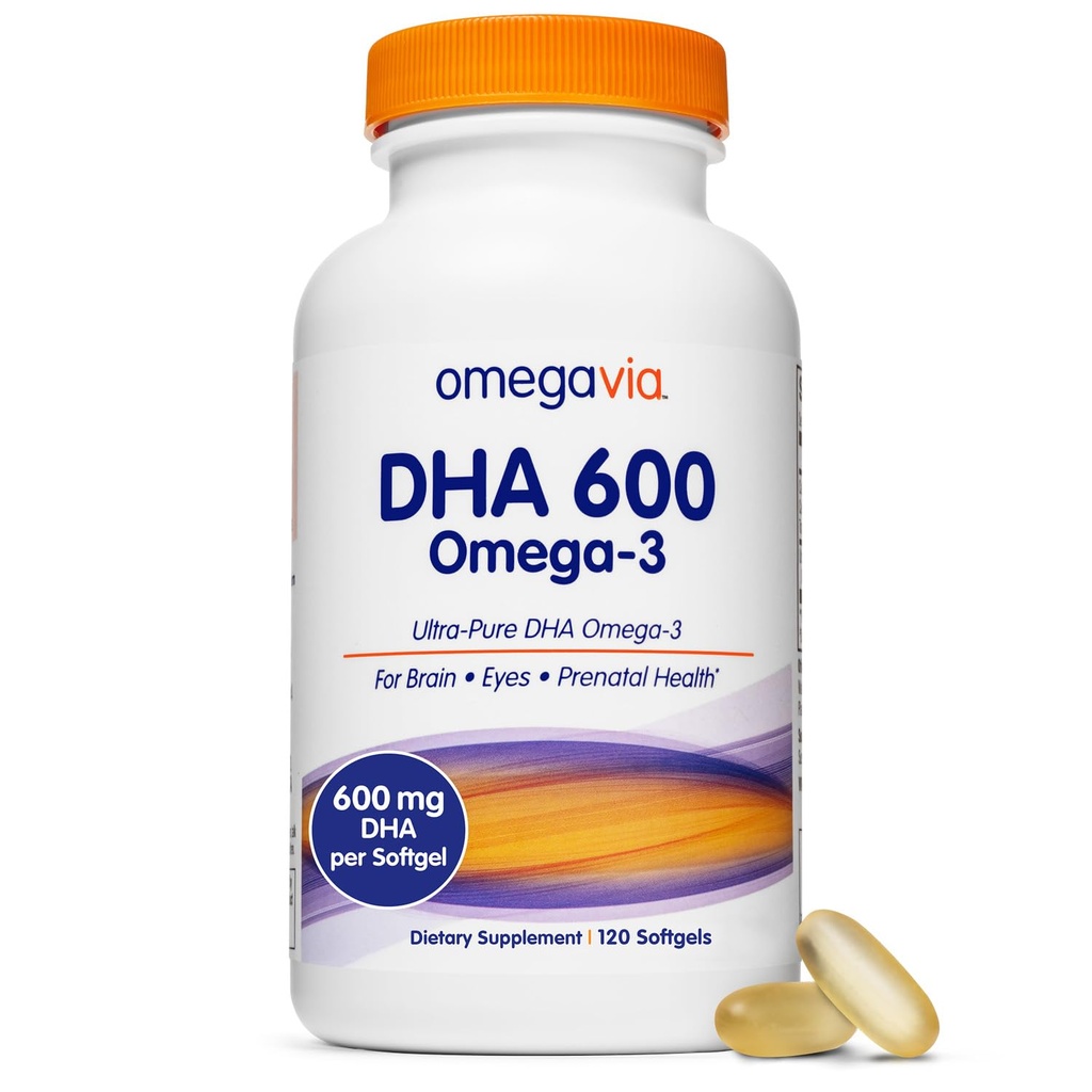 OmegaVia DHA 600 mg, Suppléments ultra purs Omega-3 DHA pour le cerveau et les yeux, Vitamines prénatales DHA pour les femmes, Huile de poisson sans Burpless Omega 3, IFOS testé, 120 Softgels