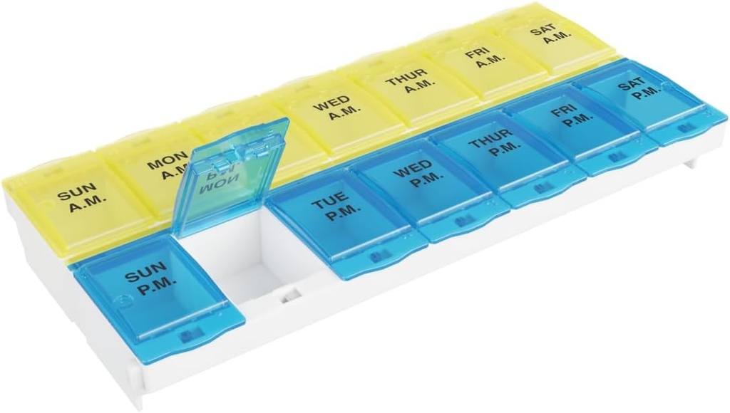 EZY DOSE Pill Organizer Weekly AM/PM (7-Day), Medizin Planner, Vitamin Case/Box, 2X-Large Locking Comparts zur sicheren Verschreibung und Verhütung zufälliger Verwürfe, Blau und Gelb, BPA Kostenlos