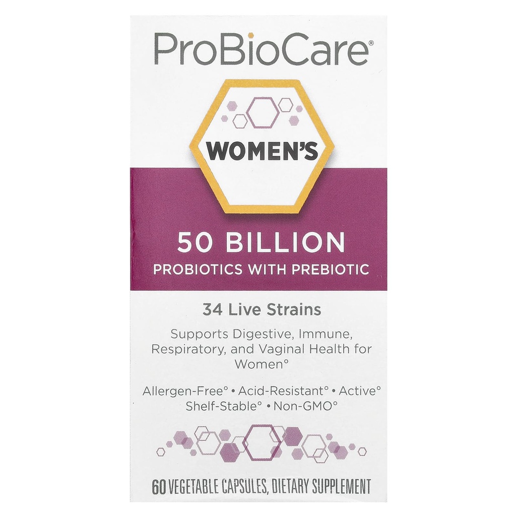 Probiotiques ProBioCare pour les femmes, Supplément probiotique multi-train de 50 milliards d'UCF, soutient la santé digestif, immunitaire, respiratoire et vaginale pour les femmes, sans gluten, 60 capsules