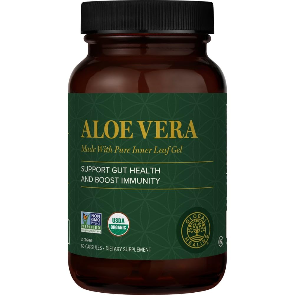 Global Healing Aloe Vera Bio-Activ Organic Leaf Supplement - 200x Formule concentré avec la plus forte concentration d'Acemannan - sans alongine - Gut Health & Immmune Support - 60 Capsules