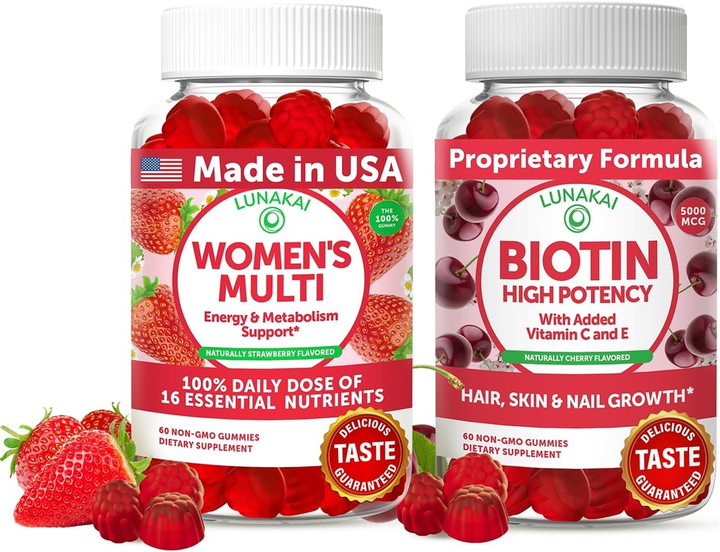 Lunakai USA Made Womens Multivitamin & Biotin Gummies Bundle – Energie & Haar, Haut, Nagel-Unterstützung – Natürlich geschmeidig – 60 Non-GMO Gummis