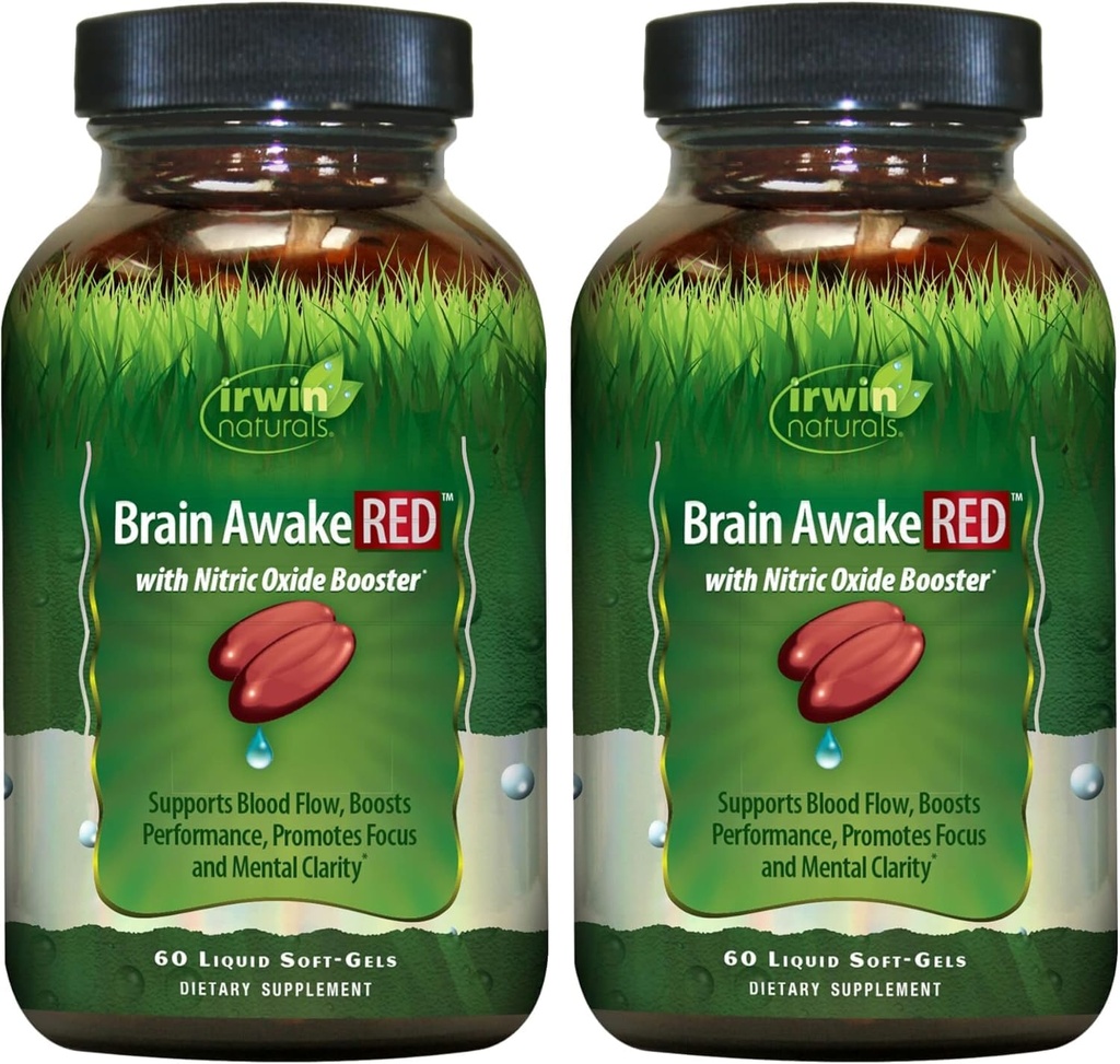 Irwin Naturals Brain Awake RED mit Nitric Oxide Booster - 60 Liquid Soft-Gels, Paket von 2 - Unterstützung Brain Health & Optimize Performance - 40 Gesamt Servietten