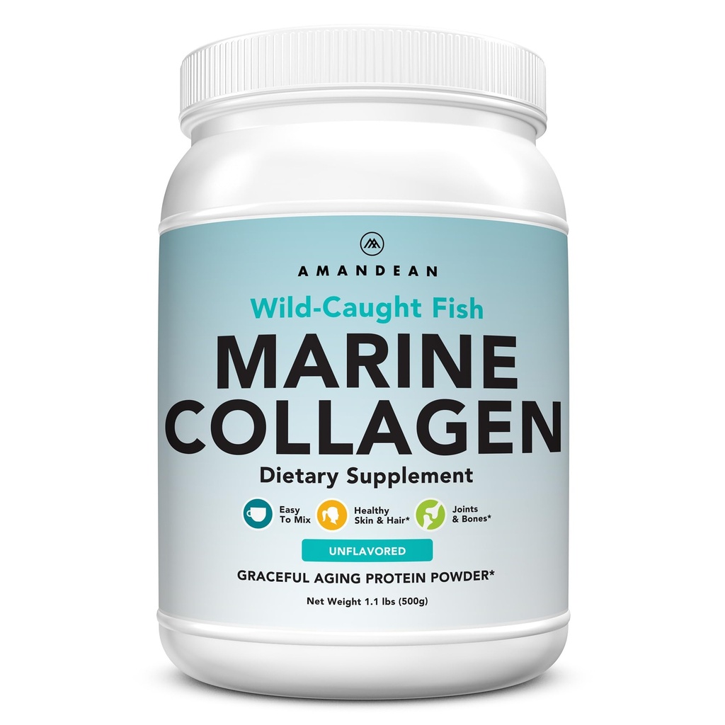 Poudre de Peptides de Collagène Marine d'AMANDEAN. Double hydrolysé pour une absorption accrue. Supplément de collagène de poisson sauvage. Protéines de collagène de type 1 et 3. 18 acides aminés pour la peau, les cheveux, les ongles.