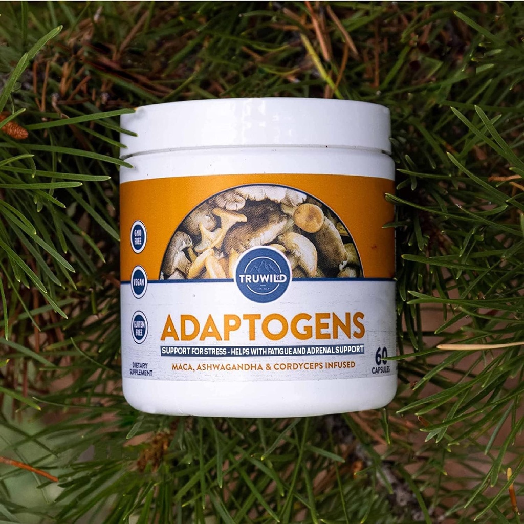 TruWild Adaptogens Végétalian Capsule Supplement w/Ashwagandha + Maca w/Full Spectrum Champignons – Tous naturels – 40 portions