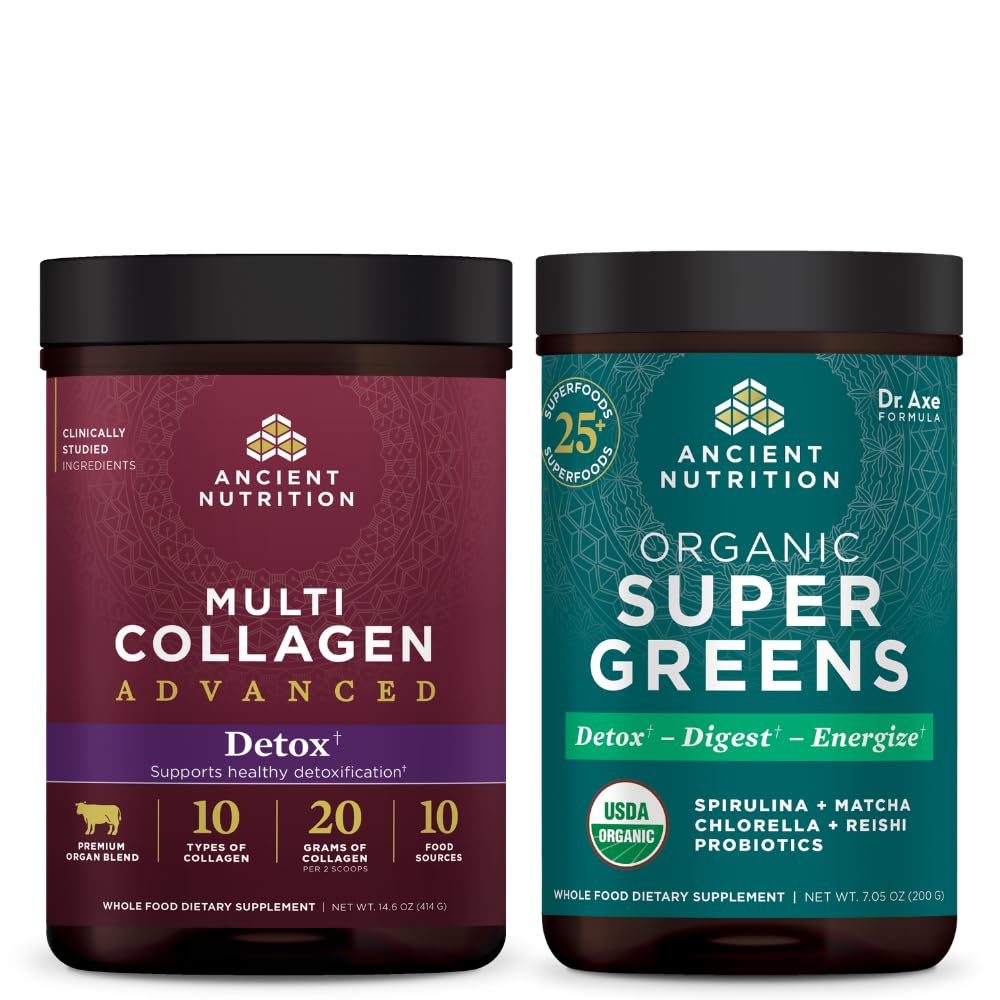 Antike Ernährung Multi Collagen Advanced Powder Cleanse & Detox, entflammt, 36 Servierungen + Bio SuperGreens Pulver, Grüne Geschmack, 25 Servierungen