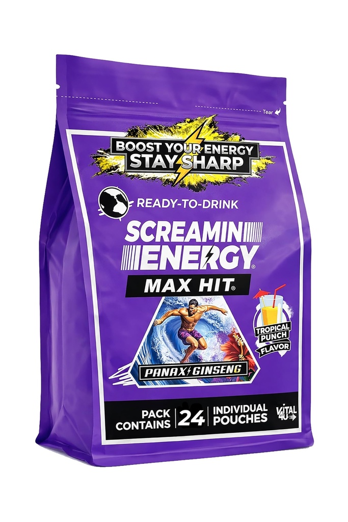 Screamin Energy Max Hit Tropical Punch Flavor - Maximum Strength Sugar Free Energy Shot mit Ginseng, B Vitamine und Koffein - 24 Count
