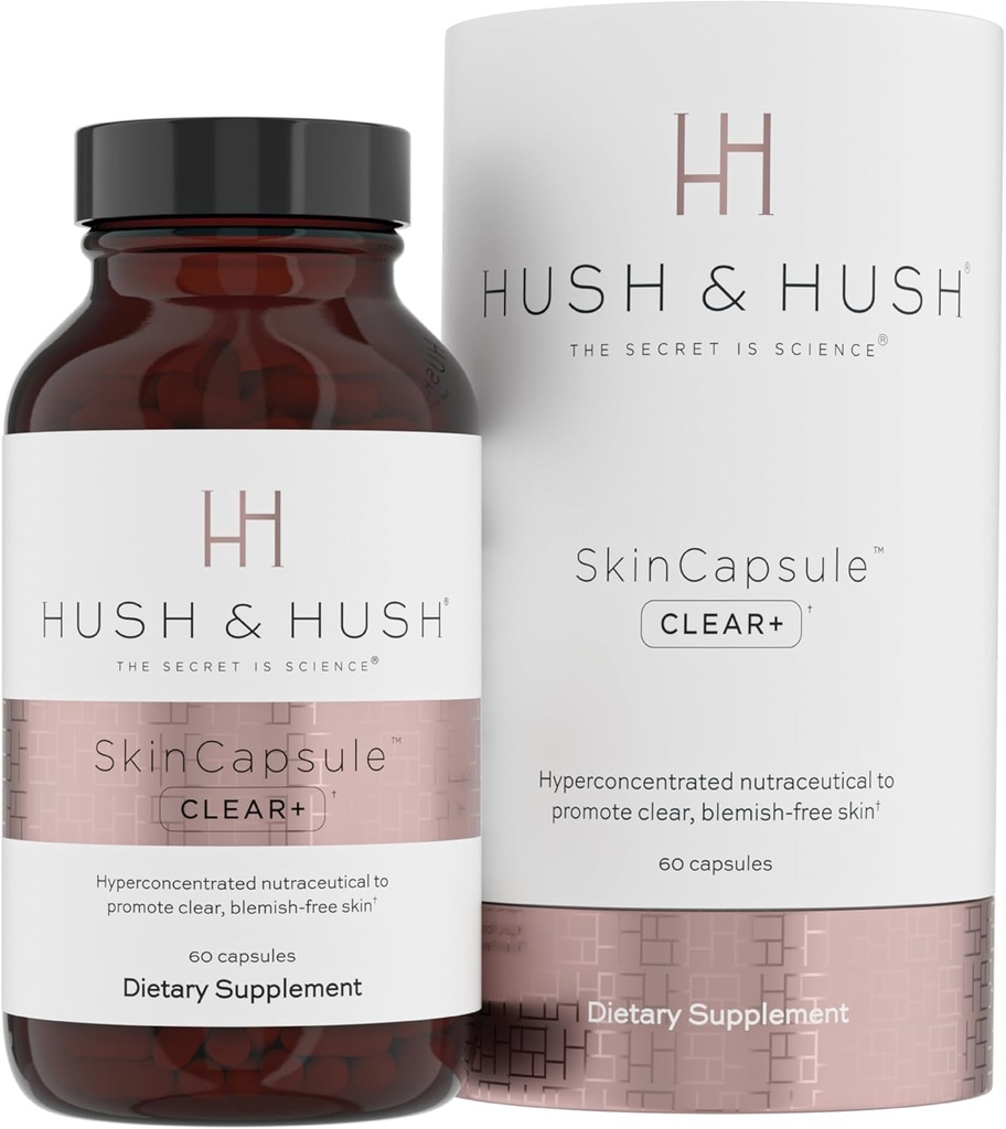 Hush & Hush SkinCapsuleTM Clear+, Hautpflege-Ergänzung, Vegan, Akne Behandlung für Gesicht, Clean Nutraceuticals Ergänzungen, die Vitamin A, Turmeric, Dandelion Root, Zink - 60 Kapseln enthält