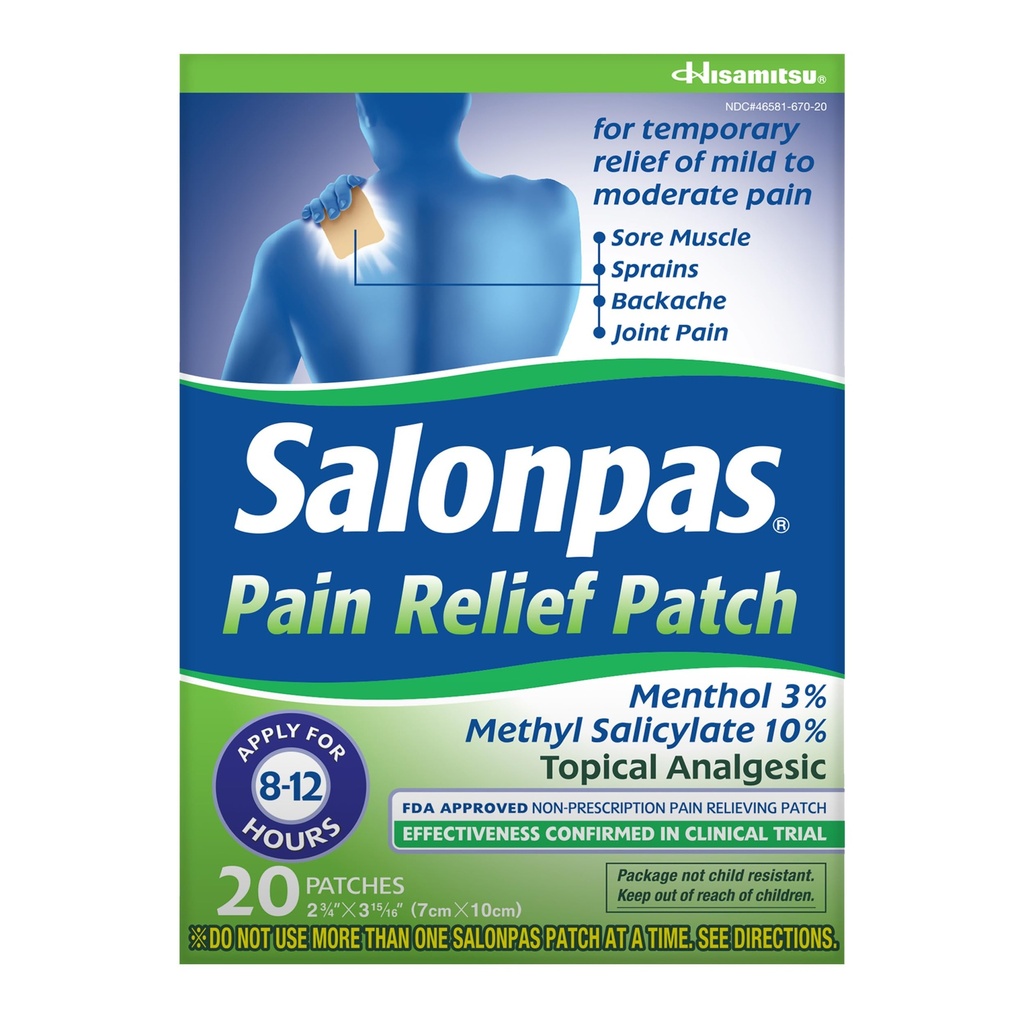Salonpas Schmerzlinderung Patch, 20 Count (Pack von 1), Bis zu 12 Stunden vorübergehende Entlastung von Mild zu moderate Schmerzen, Rückenschmerzen, Sore Muskel, Verstauchungen, Bruises