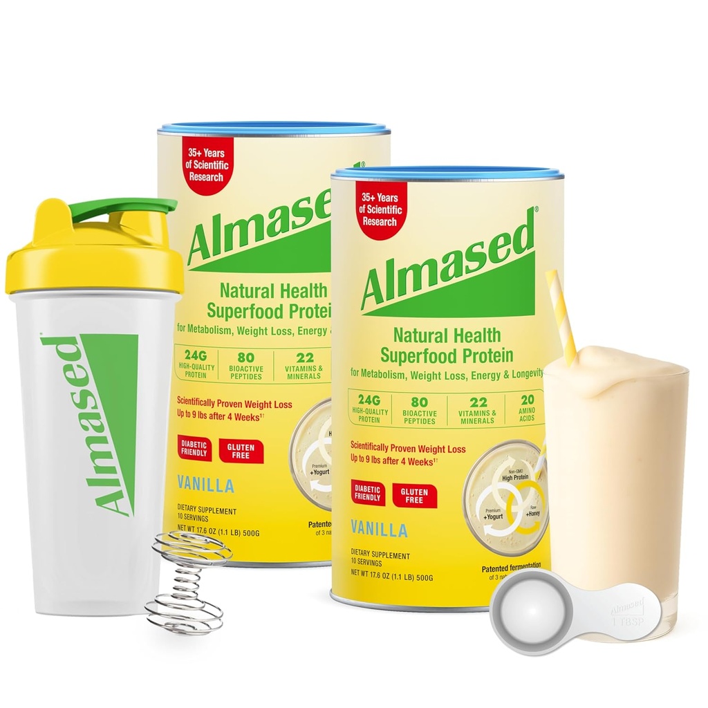 Almased Meal Ersatz Shakes für Weight Loss - Protein Powder - Starter Kit (Almond Vanilla Flavor, 2 Dosen von 17.6 oz + Shaker Bottle + Scoop)