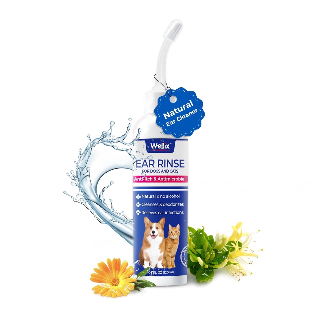 Wellix 120ml Nettoyeur d'oreille pour chien et chat - Traitement d'infection d'oreille sans irritation - Laver d'oreille pour démangeaisons et inflammation apaisante - gouttes de cire d'oreille, poudre et odorat