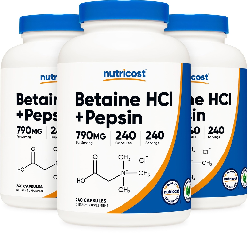 Nutricost Betaine HCl + Pepsin 790mg, 240 Kapseln, 3 Flaschen (720 Kapseln)