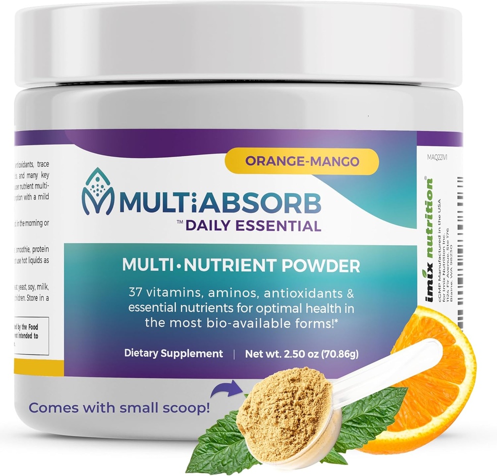 MultiAbsorb~ Essentielle, poudre multinutriente pour la santé optimale, vitamines, minéraux, antioxydants, sans remplissage ou conservateurs, naturel, non-OGM, 30 portions (Orange-Mango)