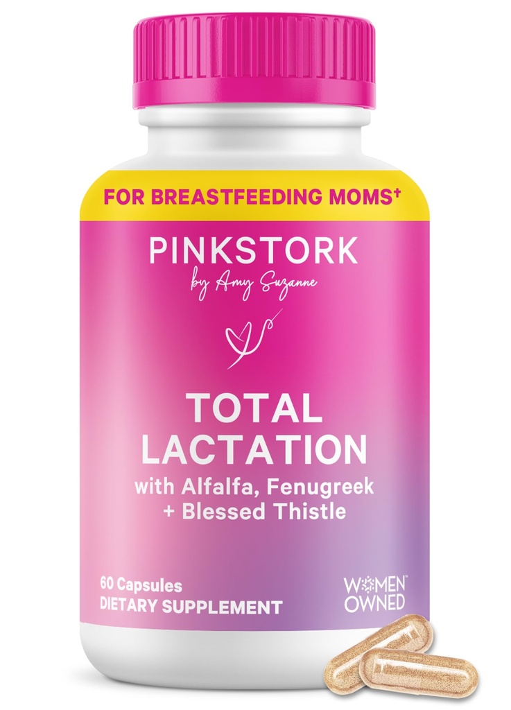 Pink Stork Total Lactation Supplement für Brustmilchversorgung, Bio Fenugreek und Alfalfa zur Unterstützung von Stillen, Milchfluss und Produktion, Postpartum Essentials - 60 Kapseln