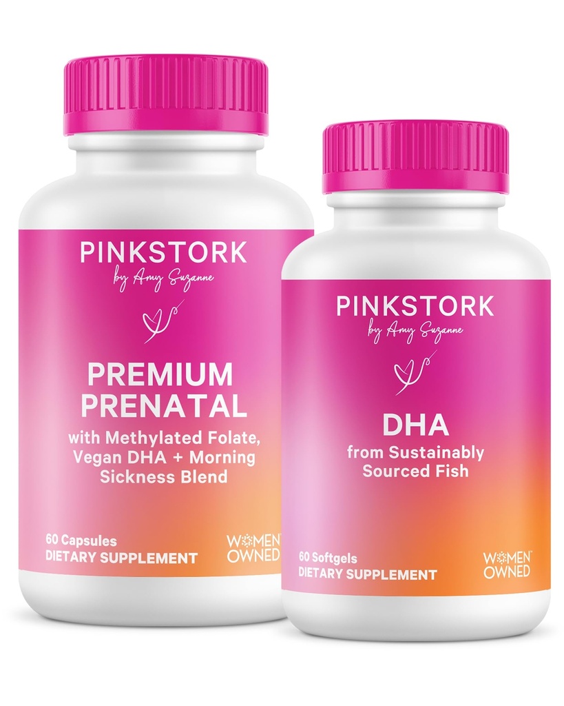 Pink Stork Premium Duo prénatal: Vitamine prénatale Premium + DHA, Probiotiques prénatals pour les femmes, Oméga 3 + Huile de poisson, Vitamine prénatale avec DHA et acide folique, Femmes-Owned
