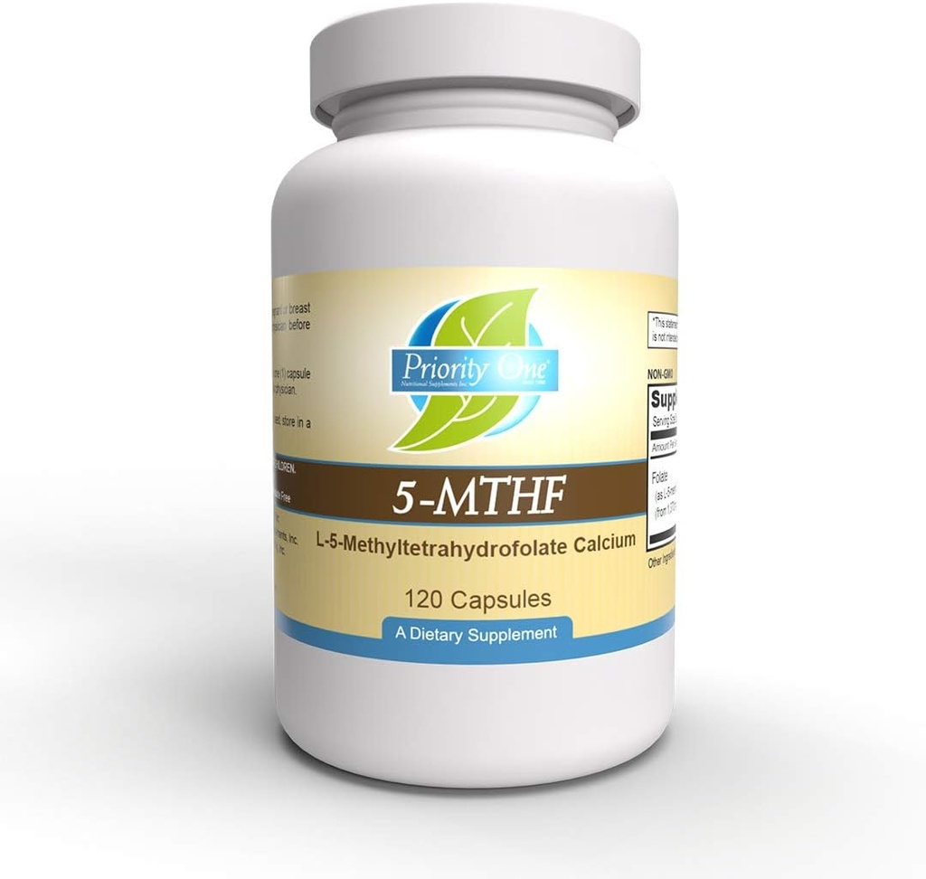 Priority One Vitamine 5-MTHF 1mg Folate Supplement Bioverfügbares Wirkstoff Vitamin B9 120 Vegetarische Kapseln [6]-5-Methyltetrahydrofolat Methylierung