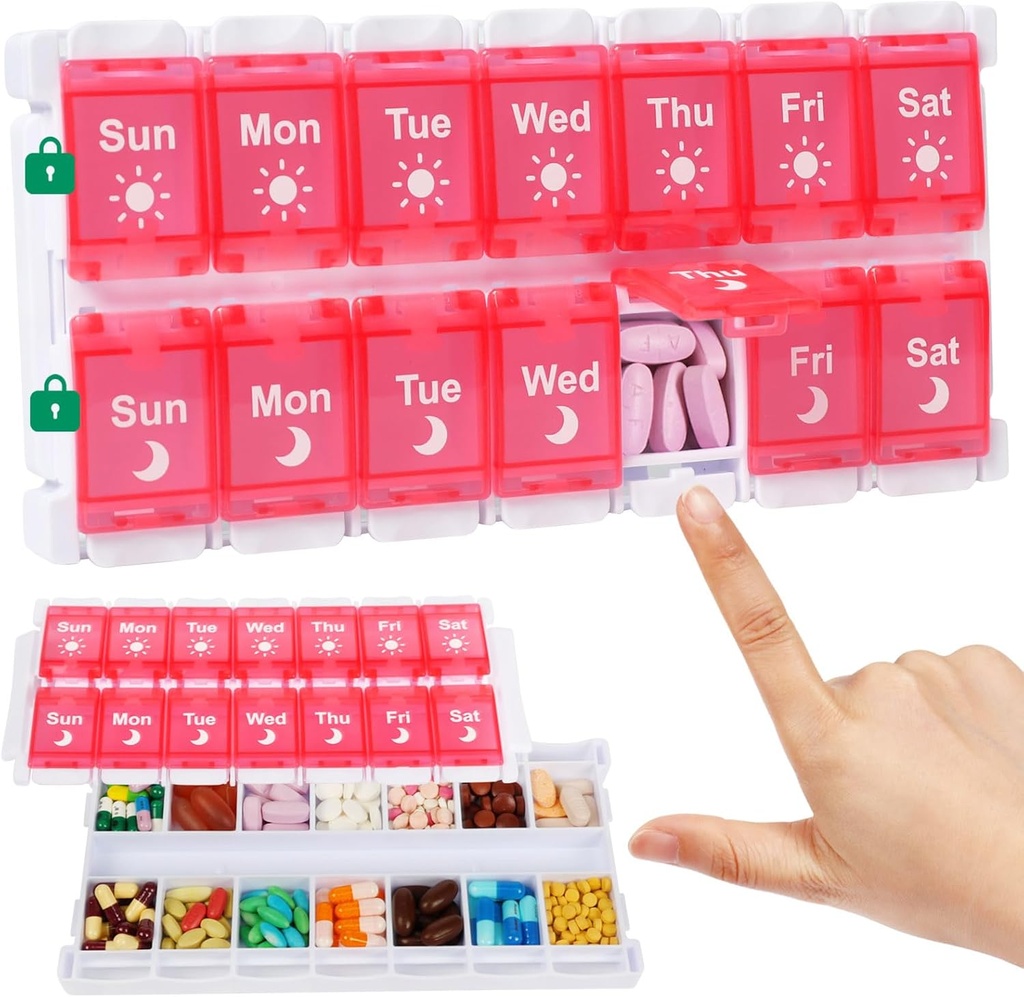 Shintop Weekly Pill Organizer 2 fois, Pill Box rose Push Button Daily Vitamine Case Easy Rill Morning Night Medicine Organizer pour les suppléments d'huile de poisson