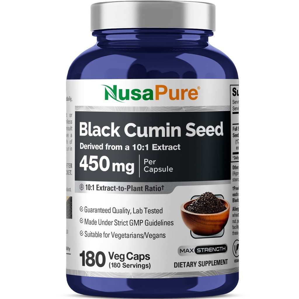 NusaPure Full Spectrum Graines de cumin noir 10:1 Extrait, 450 mg Équivalent à 4 500 mg 180 capsules de poudre de légumes non OGM, végétaliens non oilaires